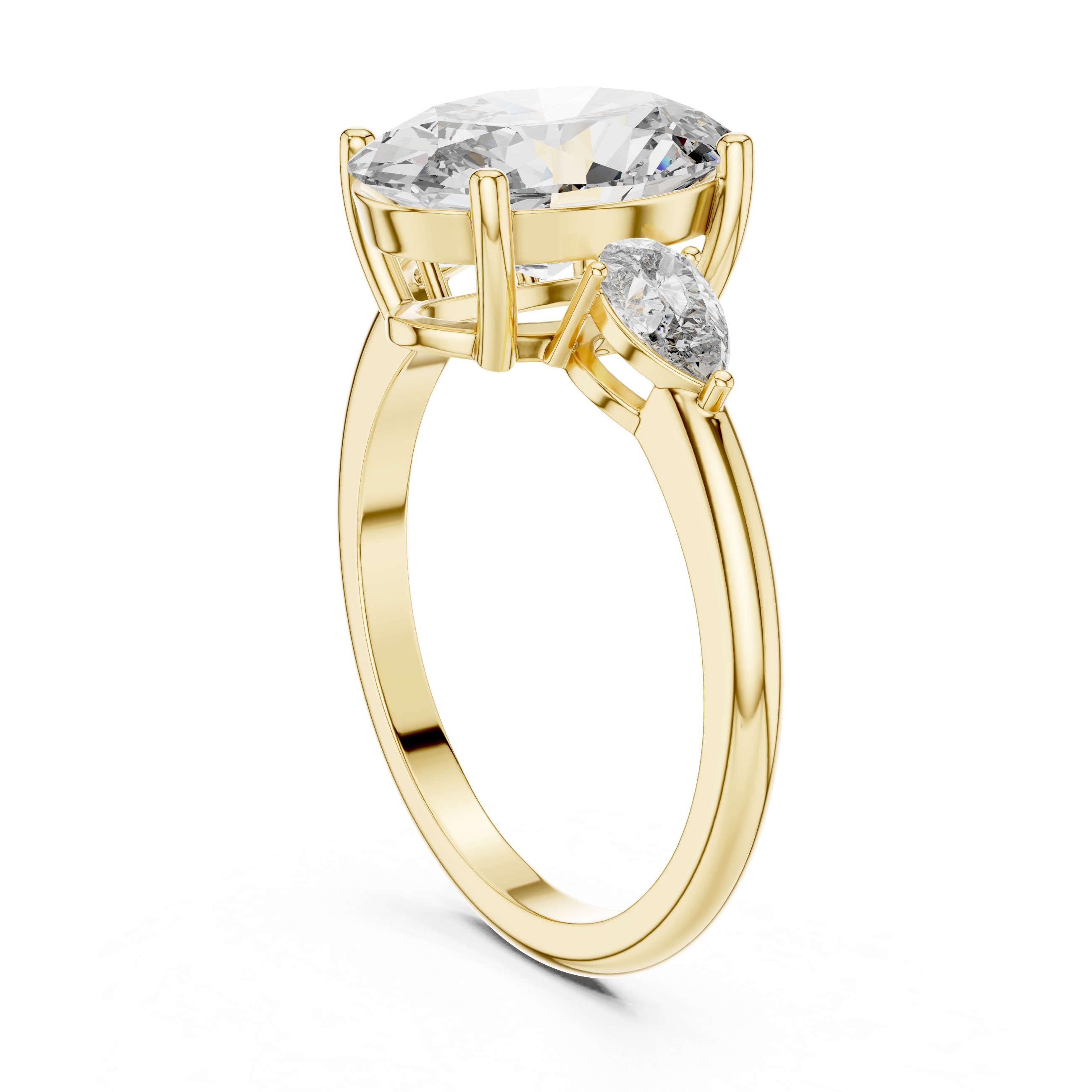 Gold ring with a large diamond and smaller gemstone on a white background
